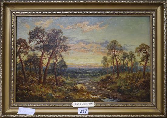 Daniel Sherrin, oil on board, Heathland at sunset, signed, 26 x 40cm